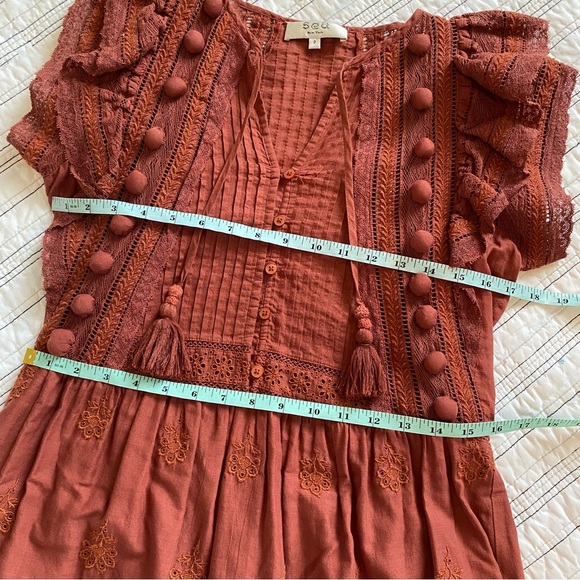 SEA New York Boho Dress Lace Pom Poms Clay Red Brown size 0 - Picture 7 of 10